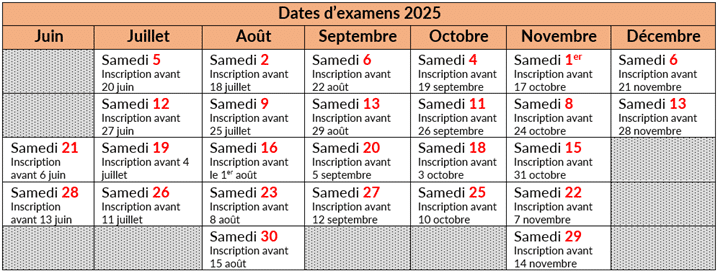 Calendrier 2025 des examens fide à l'association découvrir, Genève